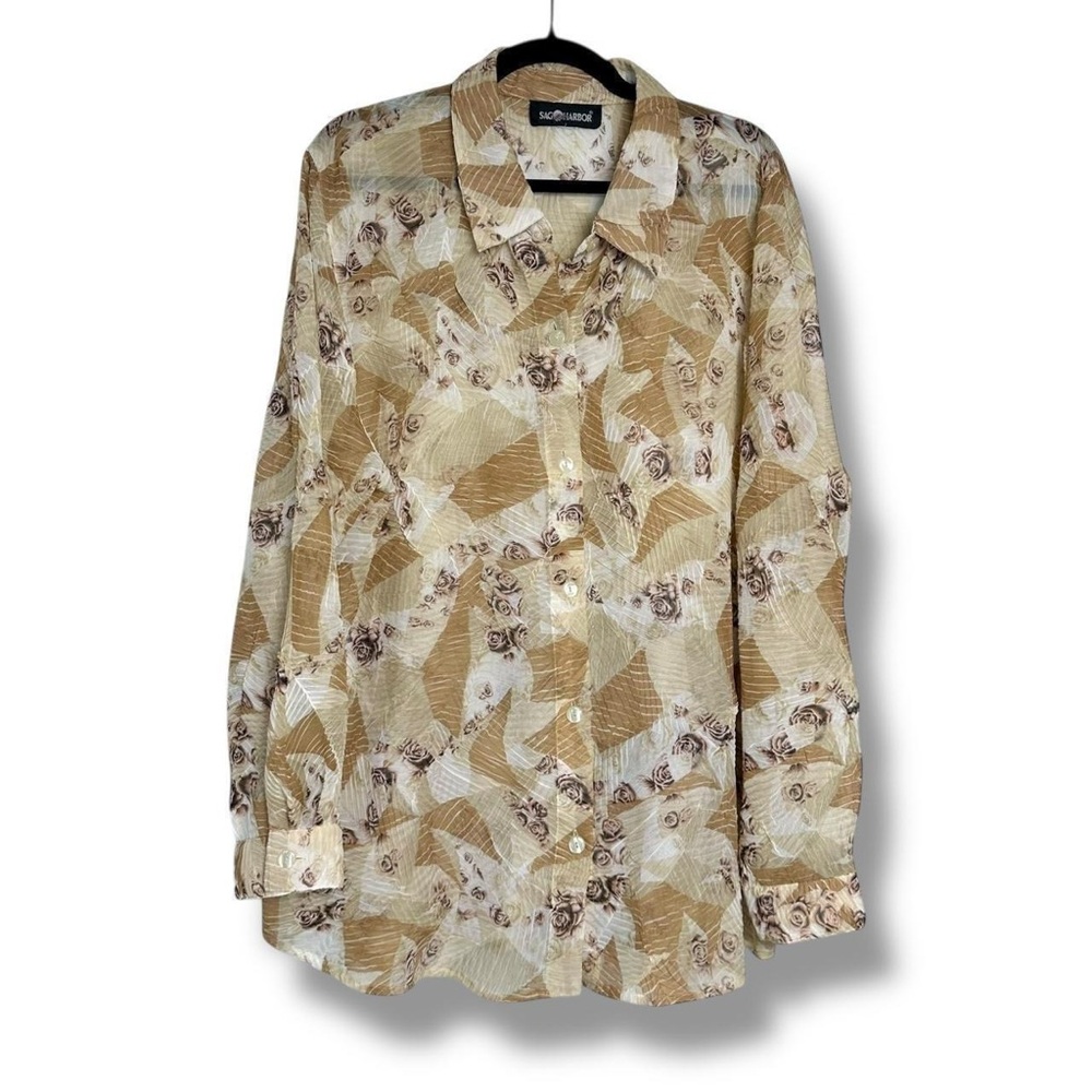 Vintage 90s Sheer Patchwork Floral Long Sleeve Button Up Shirt Sag Harbor XXL